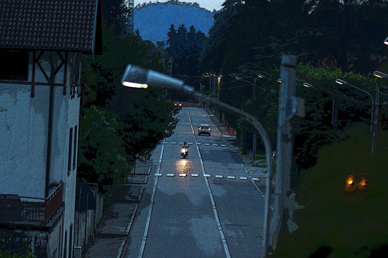 HIGH ANGLE VIEW OF ILLUMINATED STREET AMIDST TREES AT NIGHT