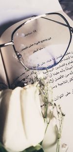 High angle view of text on book