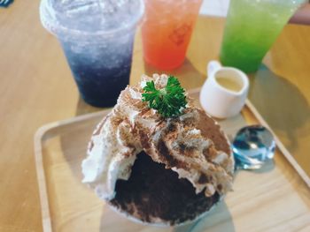 High angle view of breakfast on table