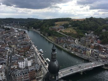 High angle view of river amidst buildings in city