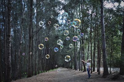 Full length of woman standing on tree trunk in forest