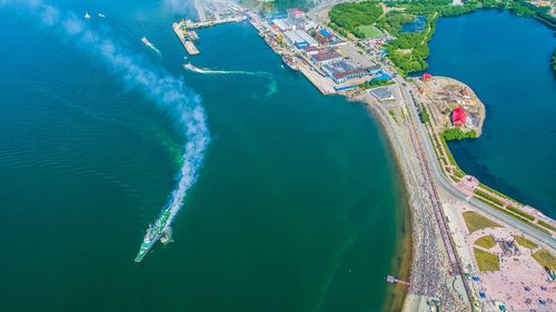 High angle view of boats on sea