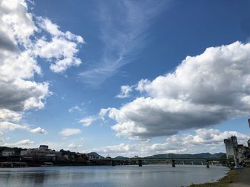 View of bridge over river against cloudy sky