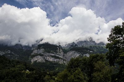 Scenic view of mountains against cloudy sky