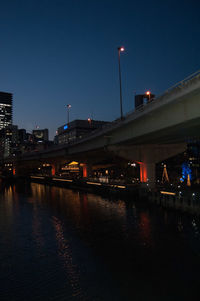 Illuminated bridge over river against sky in city at night