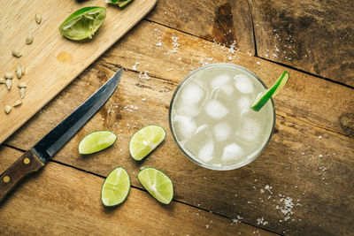 High angle view of drink on cutting board