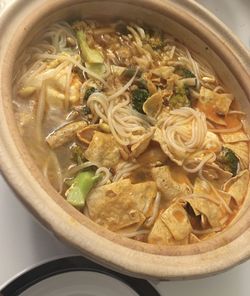 High angle view of soup in bowl on table