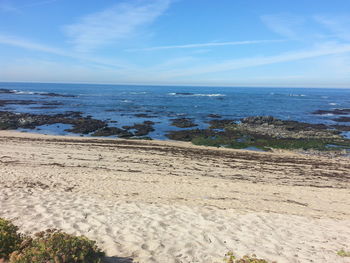 Scenic view of beach against blue sky