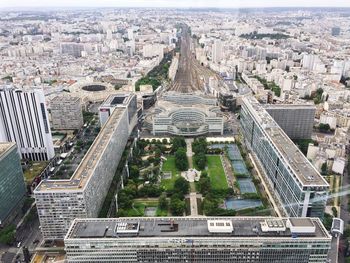 High angle view of city buildings