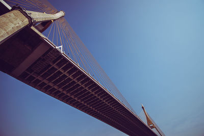 Low angle view of bridge and building against blue sky