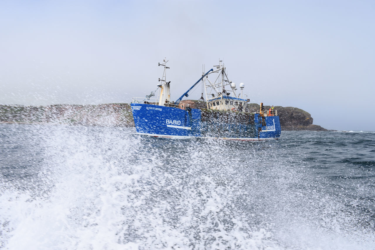 water, sea, sky, nautical vessel, transportation, nature, motion, waterfront, mode of transportation, day, splashing, horizon over water, outdoors, horizon, no people, wave, beauty in nature, scenics - nature, clear sky, power in nature, fishing industry