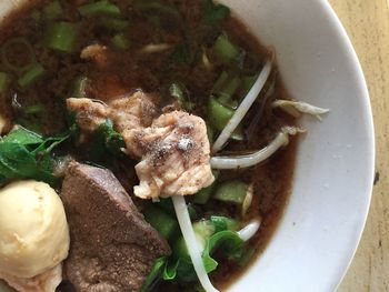 High angle view of meat in bowl