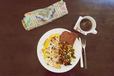 High angle view of breakfast on table