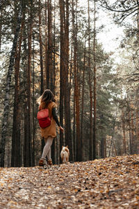 Full length of woman standing amidst trees in forest