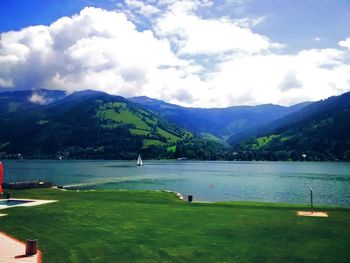 Scenic view of mountains against cloudy sky