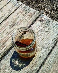 High angle view of drink on table