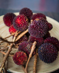 High angle view of strawberries on table