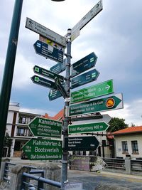 Low angle view of road sign against sky