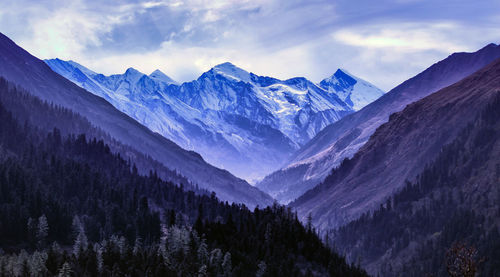 Scenic view of snowcapped mountains against sky