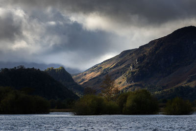 Scenic view of lake and mountains against sky