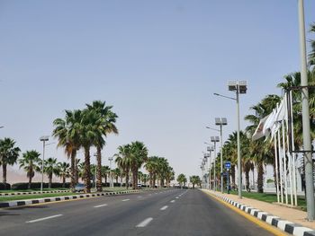 Road by palm trees against clear sky