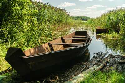 Abandoned boat on field by trees