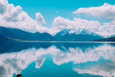 Scenic view of lake by snowcapped mountains against sky