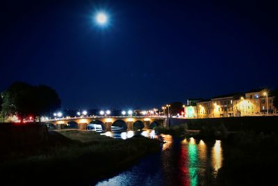 Illuminated city by river against sky at night