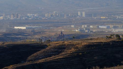 High angle view of buildings in city