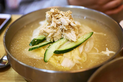 Close-up of korean chicken noodle soup