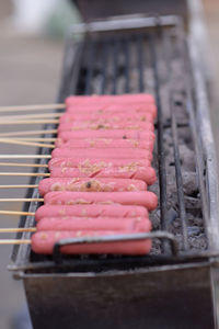 Close-up of meat on barbecue grill