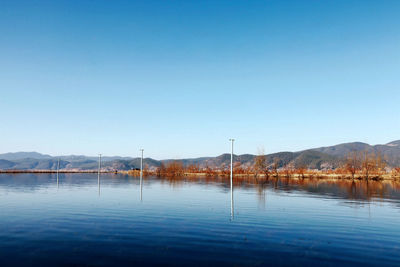 Scenic view of calm lake against clear sky