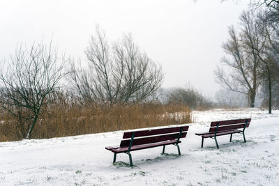 Empty bench on snow covered field