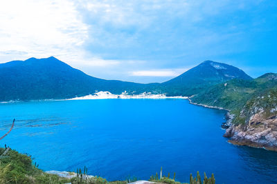 Scenic view of lake by mountains against sky