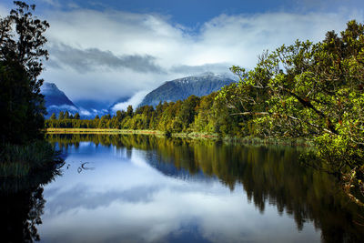 Scenic view of lake by trees against sky