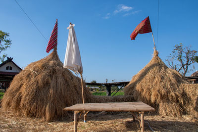 Panoramic view of flag on field against sky