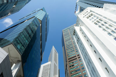 Low angle view of modern buildings against clear blue sky