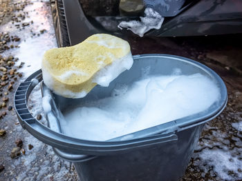 High angle view of ice cream in container