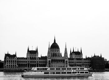 Hungarian parliament building in city against clear sky