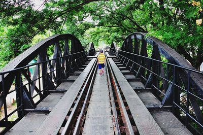 Rear view of boy walking on railroad bridge amidst trees
