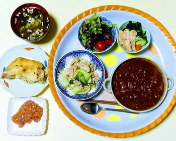 High angle view of food served on table