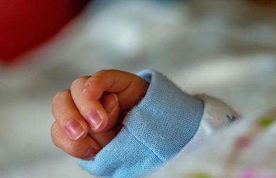 Cropped hand of baby at home