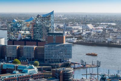 High angle view of buildings in city