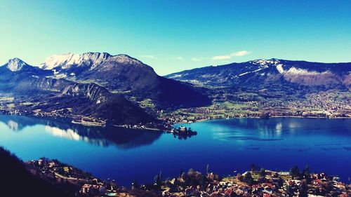 Scenic view of lake by mountains against sky