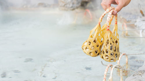 Cropped hand of woman holding bag with eggs outdoors