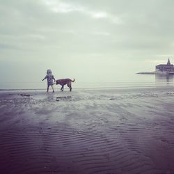 Girl with dog at beach against sky