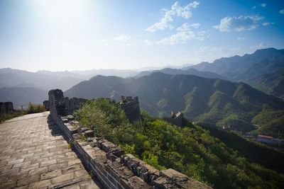 Great wall of china overlooking mountains