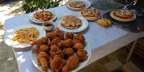 High angle view of food served on table