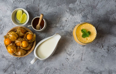 High angle view of fruits in bowl on table