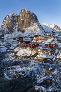 Scenic view of snowcapped mountains against sky reine nirway